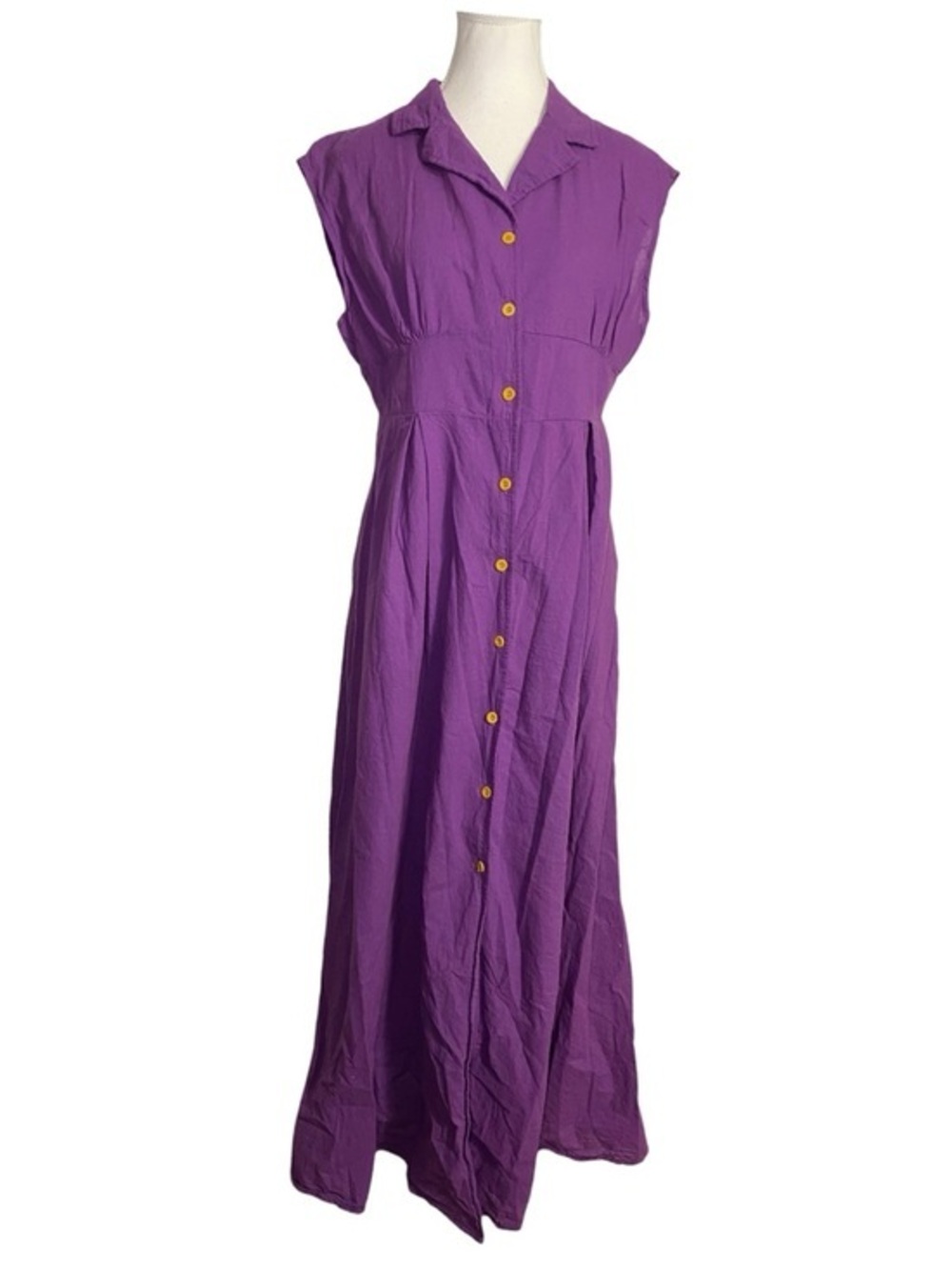 Vintage-Inspired Vibrant Purple
Sleeveless Maxi Shirt Dress with Yellow
Buttons